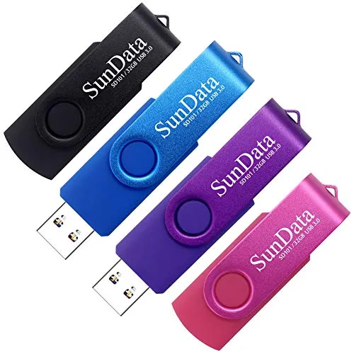 SunData 4 Pezzi Chiavetta USB 3.0 32GB Pendrive Girevole archiviazione dati pen drive Fino a 90 MB/s, (4 Colori Misti: Nero, Blu, Rosa, Viola)