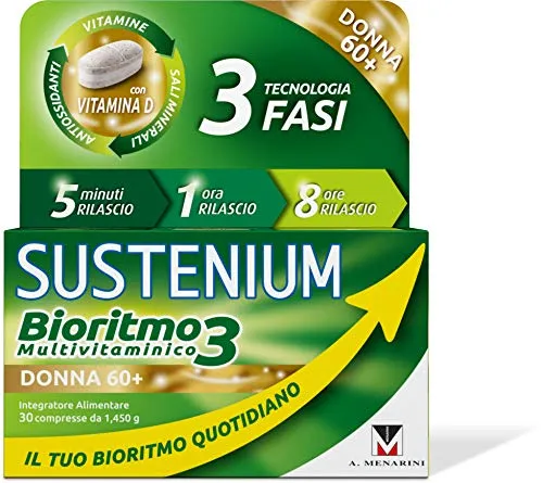 Sustenium Bioritmo3 Donna 60+ - Integratore Multivitaminico con Antiossidanti e Sali Minerali. Più di 70 Benefici per il Tuo Benessere Fisico e Mentale, 30 Compresse da 1.45 Gr