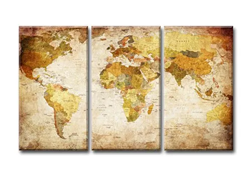 Visario 1166 Immagini e Stampe artistiche su Tela Mondo Mappa del Mondo 3 Pezzi, 160 x 90 cm,