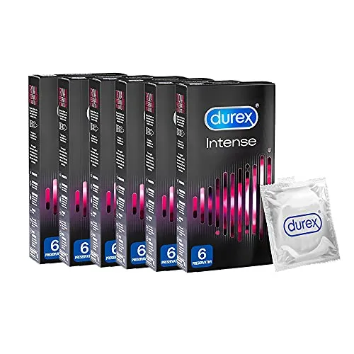 6x Durex Intense Preservativi Lubrificati Forma Easy-On con Nervature e Rilievi Scatole da 6 Pezzi Ognuna - 36 Profilattici