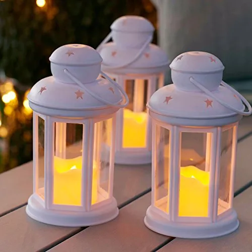 Lights4fun Set di 3 Lanterne Bianche con Candela LED a Pile per Uso in Interni ed Esterni