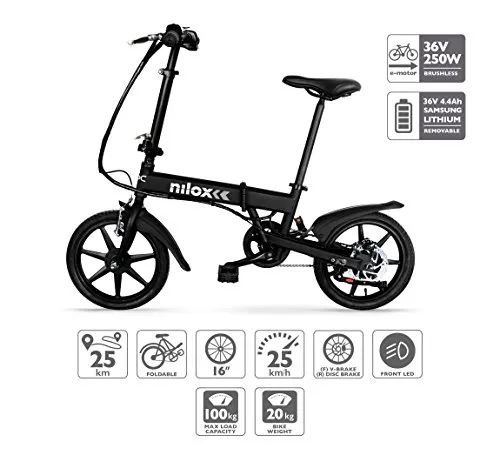 Nilox Doc X2, Bicicletta Elettrica, E-bike, Bicicletta a Pedalata Assistita, Bicicletta Elettrica Pieghevole,Ruota 16'', Motore 36V/250 W, Velocità max 25 Km/h, Nero