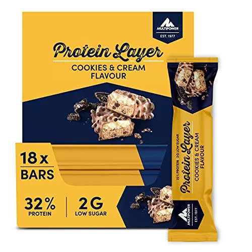 Multipower Barretta Proteica - Protein Layer con 30% di Proteine - Basso Contenuto di Zuccheri - Perfetta come snack o dopo l´allenamento - Confezione 18 x 50 g - Gusto Biscotti e Crema