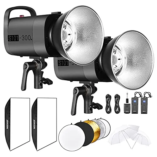 Neewer Kit di illuminazione flash stroboscopica per studio fotografico da 600W S101 monoluce da 300 W con Bowens, (2) Softbox, (1) Trigger RT-16, (2) Ombrello, (1) Riflettore per fotografia in studio