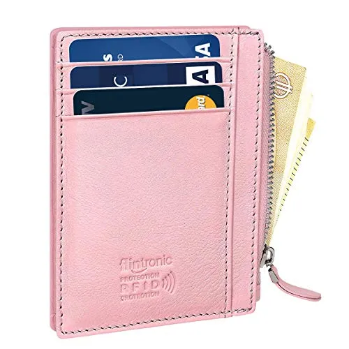 flintronic Portia Carte di Credito e Tasche Pelle, RFID/NFC Blocco Portafoglo, (1 Scomparto Con Cerniera, 6 Slot Per Schede e 1 Porta Id/Foto) Borsa Tascabile Sottile Per Uomo E Donna - Rosa