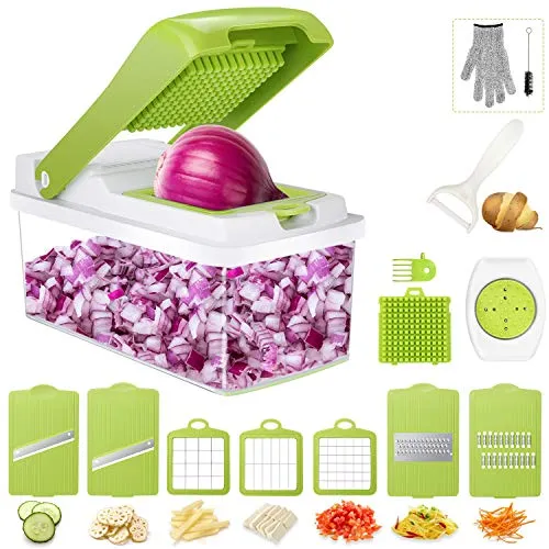 Gifort Taglia Verdure, 16 in 1 Affetta Verdure Affettaverdure Multifunzione Mandolina da Cucina con 7 Lame Taglia Patate Affettatrice Verdure Frutta con Guanti Anti-Taglio Spazzolino di Pulizia