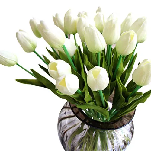 Bouquet di tulipani GKONGU Mazzo di 10 pezzi Realistico Latex Tulipano Artificiale Fiori Naturali Vibranti Naturali Per Decorazione Matrimonio Party Room-Bianca