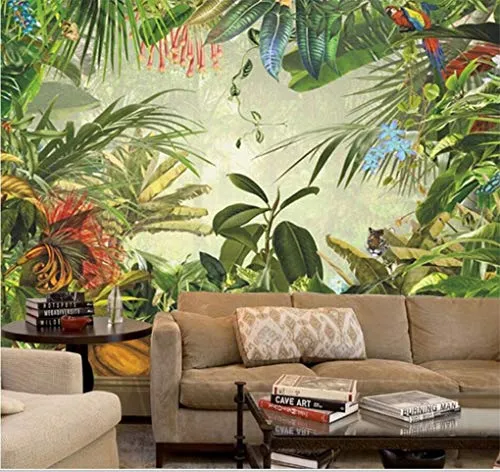 Carta Da Parati Jungle Tree Animal Wall Murals Pittura A Mano Europea Vintage 3D Foglie Tropicali Wallpaper Per Soggiorno Tv Wall Paper
