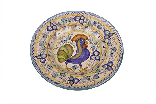 Sbigoli Terrecotte, Firenze - Piatto in Ceramica Decorata a Mano di cm 32 con Gallo di Faenza e Bordo con Foglie stilizzate.