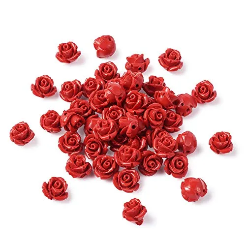 Beadthoven 50 perline di cinabro rosa rossa 10 mm con dettagli intagliati perline distanziatrici di fiori per gioielli, artigianato, decorazione di nozze di San Valentino, foro: 1,5 mm