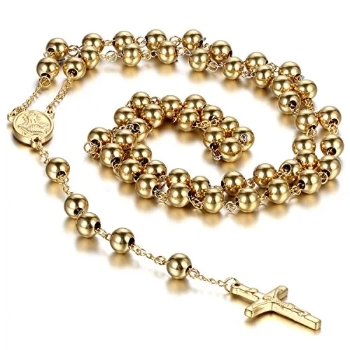 Cupimatch Collana unisex a rosario, in acciaio inox, ispirata alla tradizione cristiana e cattolica, con ciondolo a forma di crocifisso e catena con perline, colore: oro