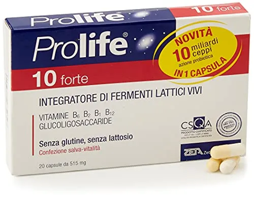 Prolife Vzdt032 10 Forte Capsule - Integratore con 10 Miliardi di Probiotici (Fermenti Lattici Vivi) per Dose, 20 capsule da 515 mg, 8.4 gr