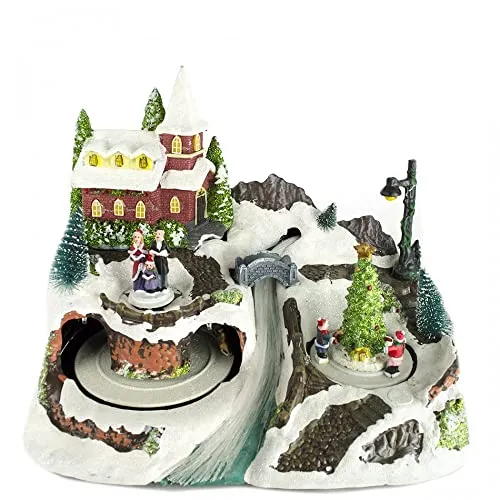 Aurora Store.it Villaggio di Natale innevato Casetta con luci, Paesaggio con Luci LED e Musica Negozio Babbo Natale Scenario Paesaggio Natalizio Carillon Dimensioni 29x24x16 cm Giostrina