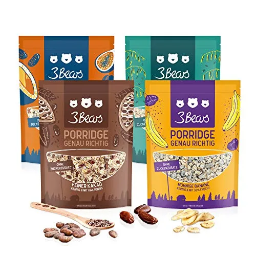 3Bears Porridge fantastico pacchetto mix – (4 x 400g) cacao, cocco, banana e papavero, fiocchi d’avena classici, alta percentuale di frutta, fiocchi d’avena