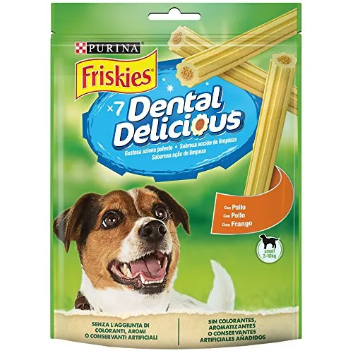 Purina Friskies Dental Delicious Snack Igiene Orale e Dentale Gusto Pollo, Taglia, 6 Confezioni da 110 g Ciascuna