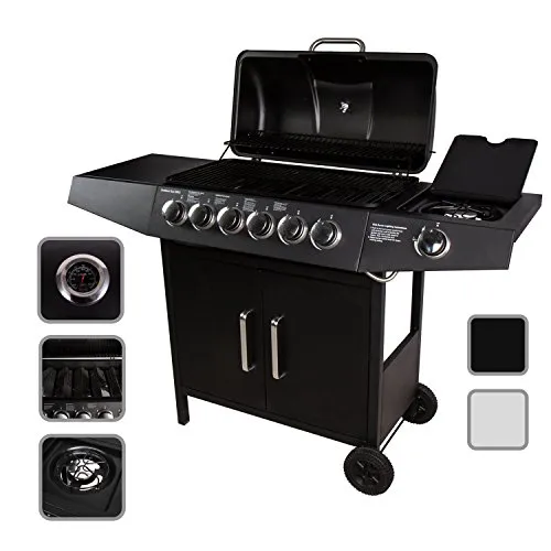CCLIFE BBQ Barbecue griglia a Gas con 4/6 bruciatori Principali + 1 bruciatore Laterale, Colore:Nero, Dimensione:6+1 Bruciatore