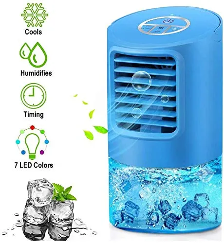 Mini Air Cooler Personale Condizionatore Portatile Condizionatori Ventilatore 4 in 1 Evaporativo Raffrescatore D'aria 3 Velocità Basso Rumore 7 Colori Luce 2/4H Timer