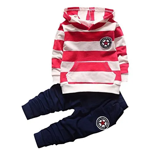 Wongfon Ragazzi Abbigliamento Sportivo Abbigliamento, Ragazzi T-Shirt a Righe con Cappuccio Manica Lunga Tute Pullover + Pantaloni Tuta da Lavoro per 0-4 Anni