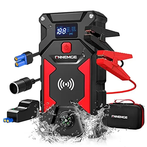 FNNEMGE Avviatore Emergenza per Auto, 2500A Picco 24800mAh 12V Macchina (Adatto a Tutti i Veicoli a Benzina o 8.0L Diesel), con caricatore wireless da 10 W, USB Quick Charge 3.0