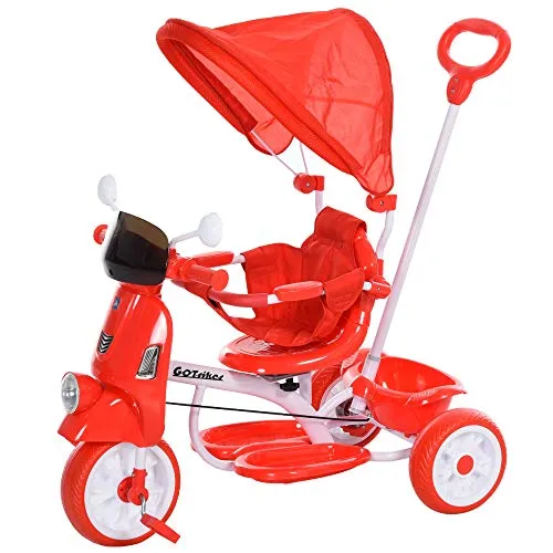 homcom Triciclo Passeggino a Forma di Moto per Bambini 3-8 Anni (25kg) con Tettuccio e Maniglione, Rosso