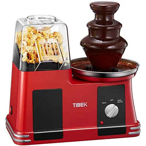 TIBEK Macchina per Pop Corn, Ad Aria Calda Popcorn Machine Senza Olio e Grassi, 1200W con Pentola Antiaderente, Misurino e Bocca Larga, Include Fontana di Cioccolato