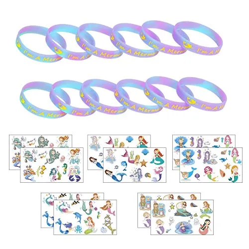 ZERHOK Bracciale in Silicone Bracciale Silicone Bambini “ I'm a Mermaid ” Fantastico Romantico colorato Bracciale a Sirena 12 PCS+10 PCS Carta Adatto a Bambini Ragazze Moda Classica