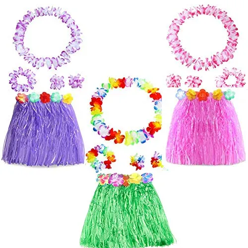 Yojoloin 15 Pezzi Hawaiian Leis Luau Fiori con 6 bracciali 3 Fasce e 3 collane 3 gonne per Luau Hawaiian Decorazioni per Feste Forniture Photo Booth Props. (15PCS)