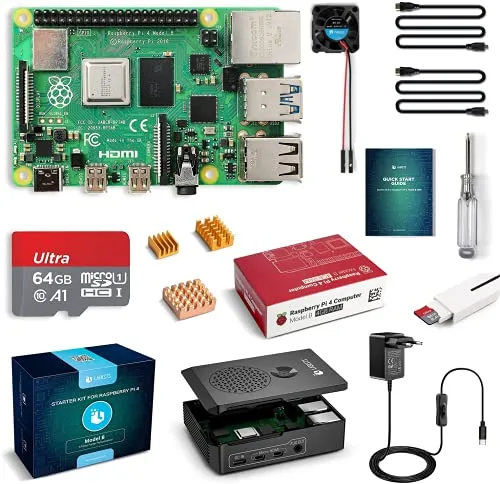 Raspberry Pi 4 Model B 4GB RAM Starter Kit, RPi Barebone con MicroSD 64GB, Tipo C Alimentatore 5.1V 3A, Micro HDMI, Lettore di Scheda, Ventola e Nera Custodia Protettiva