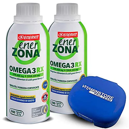 Enerzona Enervit Omega 3 RX 2 confezioni da 240cpr + portapillole Vitaminstore ●Integratore Alimentare a base di olio di pesce per il Controllo del Colesterolo e Trigliceridi ● ricco di EPA e DHA