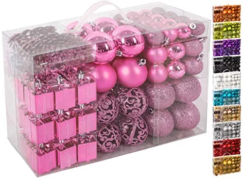Brubaker Set di 101 Accessori Decorativi per L'Albero di Natale - addobbi Natalizie in Color Rosa - Diverse Forme di Palline ed Un Puntale per Albero di Natale