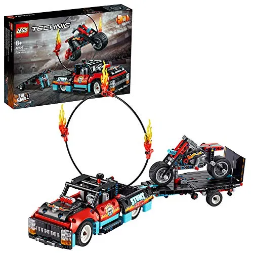 LEGO Technic Truck e Moto dello Stunt Show, con Azione "pull-Back", con 2 Modelli da Costruire ed Infinite Possibilità di Gioco, per Ragazzi +8 Anni, Appassionati e Collezionisti, 42106