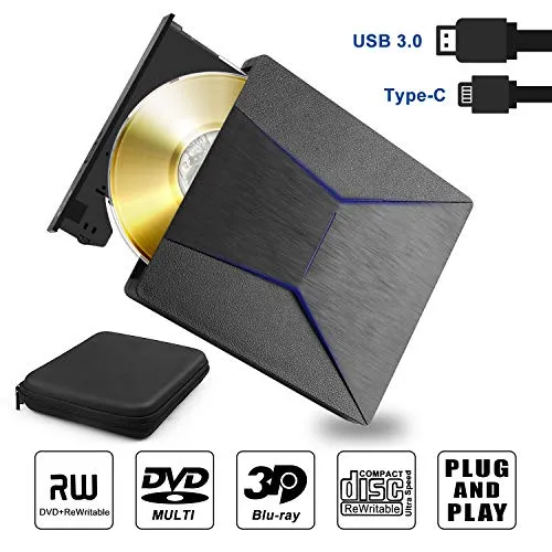 Lettore Masterizzatore Blu Ray DVD Esterno 4K 3D Unità BluRay Esterno DVD Lettore USB 3.0 e Type-C CD DVD Reader Burner per Windows 7 8 10, Vista, MacOS, Laptop, PC