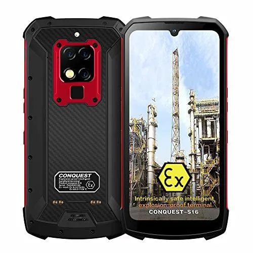 CONQUEST S16 Rugged Smartphone,ATEX Zona1/2 Intrinsecamente Sicuro IP68 Tripla Fotocamera AI antideflagrante da 48MP 8GB+256GB 4G Doppia Scheda 6000 mAh,frequenza cardiaca (Rosso,128GB)
