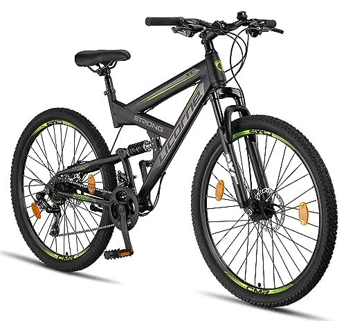 Licorne Bike Strong 2D Premium Mountain Bike Bicicletta per ragazzi, ragazze, donne e uomini – Freno a disco anteriore e posteriore – 21 marce – Sospensione completa (nero/lime, 27,5)