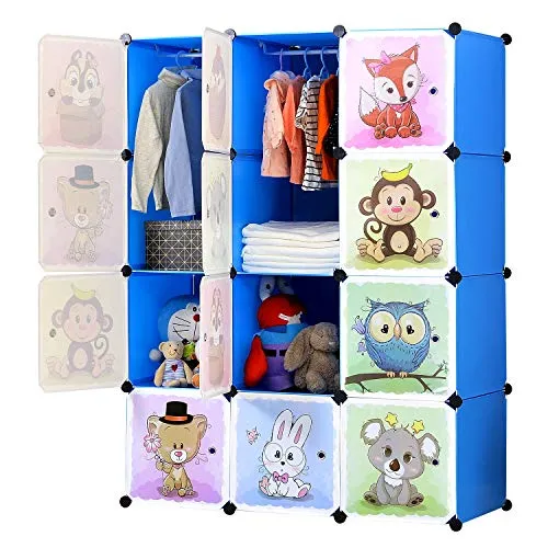 BRIAN & DANY Armadio Modulare Bambini, Portatile Guardaroba, Armadietto in Moduli Plastici, 8 Cubo e 2 Aree di Sospensione, Blu, 110 x 47 x 147 cm