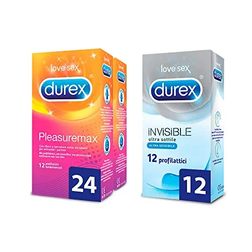 Durex confezione da 24 preservativi Pleasuremax con nervature, confezione da 12 preservativi Invisible sottili per maggiore sensibilità