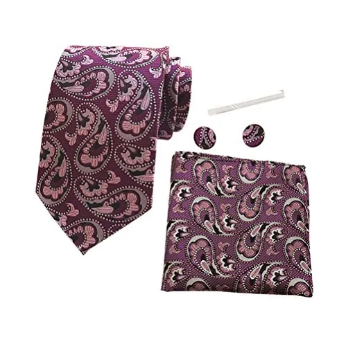 zhxinashu 4 Pezzi Uomo Set Cravatte - Paisley Cravatta Classica Tasca Quadrata con Gemelli Fermacravatta Accessori Eleganti da Festa per Papà, Marito, Fidanzato Fucsia