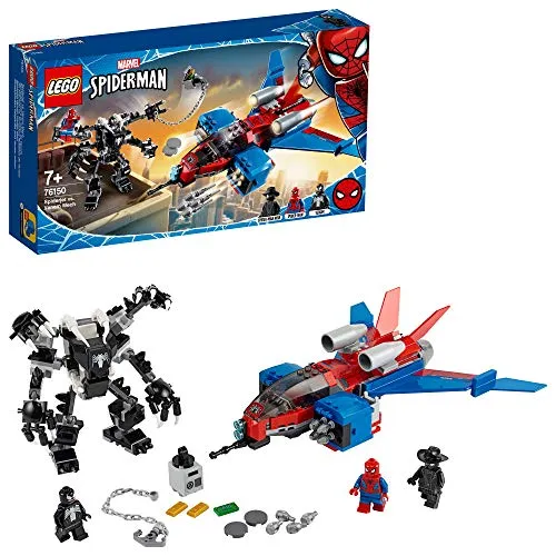 LEGO Super Heroes Spider-Jet Vs Mech Venom Set di Costruzioni per Bambini con 3 Minifigure LEGO SpiderMan, Noir, Venom e Accessori, +7 Anni, 76150