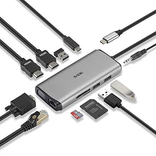SSK Hub USB-C 11 in 1, dock station per laptop con triplo display, adattatore multiporta di tipo C con 2 (doppio) HDMI, VGA, PD3.0, SD/TF CR, RJ45 ecc. Per MacBook/XPS e altr