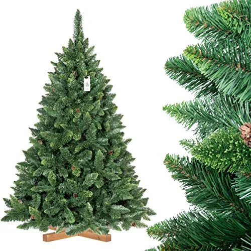 FairyTrees Artificiale Albero di Natale Pino, Verde Naturale, Materiale PVC, Vere pigne, incl. Supporto in Legno, 180cm, FT03-180