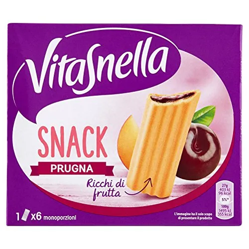 VitaSnella - Snack Prugna, ricchi di frutta - 4 confezioni da 6 monoporzioni [24 monoporzioni, 648 g]