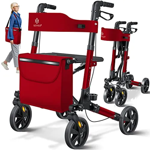 KESSER Leggero deambulatore pieghevole Girello ultraleggero con 4 ruote Premium in alluminio Rollator Set Peso massimo sopportato: 136 Kg