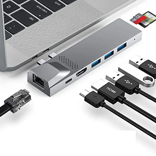 SINYICG HUB USB C, Adattatore USB C con HDMI 4K, Thunderbolt 3, 3 USB 3.0, Gigabit Ethernet RJ45, Lettore schede SD/TF, Typ C Hub per MacBook Pro 2019/2018/2017/2016, MacBook Air 2019/2018(Grigio)