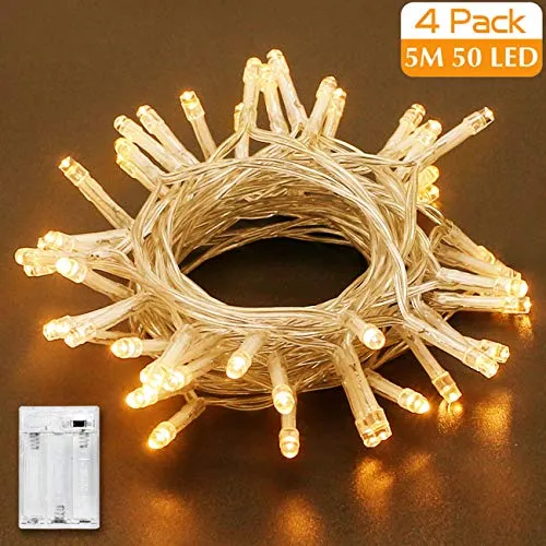 [4 Pezzi] Stringa Luci LED Batteria, Kolpop Catena Luminosa 5m 50 LED Ghirlanda Luminosa Lucine LED Decorative per Camere da Letto Giardino Casa Feste Natale Matrimonio(Bianco Caldo)