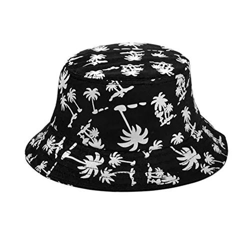 TININNA Estivo Unisex Coconut Tree Stampe Cotone Bucket Hat Cappello da Pescatore Berretti Visiera di Sole Spiaggia Cappello di Sun(Nero)