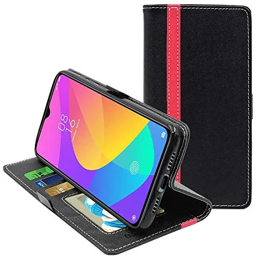 ebestStar - Cover Compatibile con Xiaomi Mi 9 Lite Custodia Portafoglio Pelle PU Protezione Libro Flip, Nero/Rosso [Mi 9 Lite: 156.8 x 74.5 x 8.7mm, 6.39'']