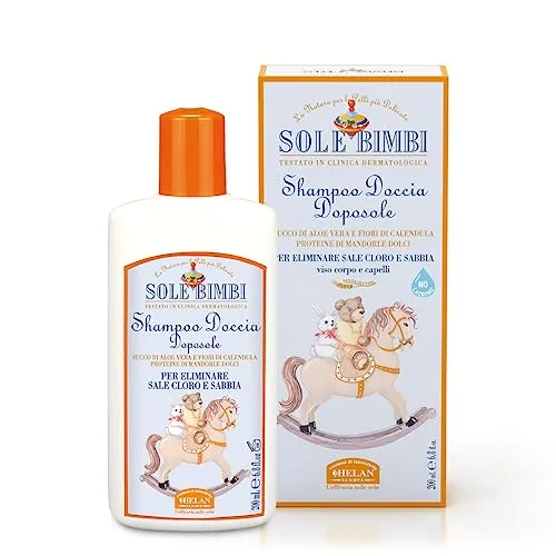 Helan, Sole Bimbi, Doccia Shampoo Doposole Bambini, Idratante e Calmante per Viso, Corpo e Capelli, Ristrutturante con Proteine di Mandorle Dolci ed Estratti di Aloe Vera e Fiori di Calendula - 200 ml