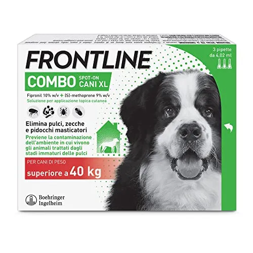 FRONTLINE Combo, 3 Pipette, Cane Taglia XL ( 40 Kg), Antiparassitario per Cani e Cuccioli di Lunga Durata, Protegge il Cane e Anche la Casa da Pulci, Zecche, Uova e Larve, Antipulci 3 Pipette