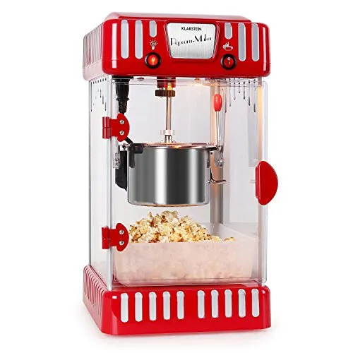 Klastein Vulcano - Macchina per popcorn, Design anni '50, 300 watt, Tempo di riscaldamento breve, POT in acciaio inossidabile, circa 60 l/h, porta magnetica, cucchiaio dosatore, rosso