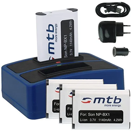 4x Batteria + Caricabatteria doppio (USB/Auto/Corrente) compatibile con Sony NP-BX1 / Sony Action Cam FDR-X3000(R), X1000V / HDR-AS200V, AS100V, AS50, AS30(V)... v. lista!